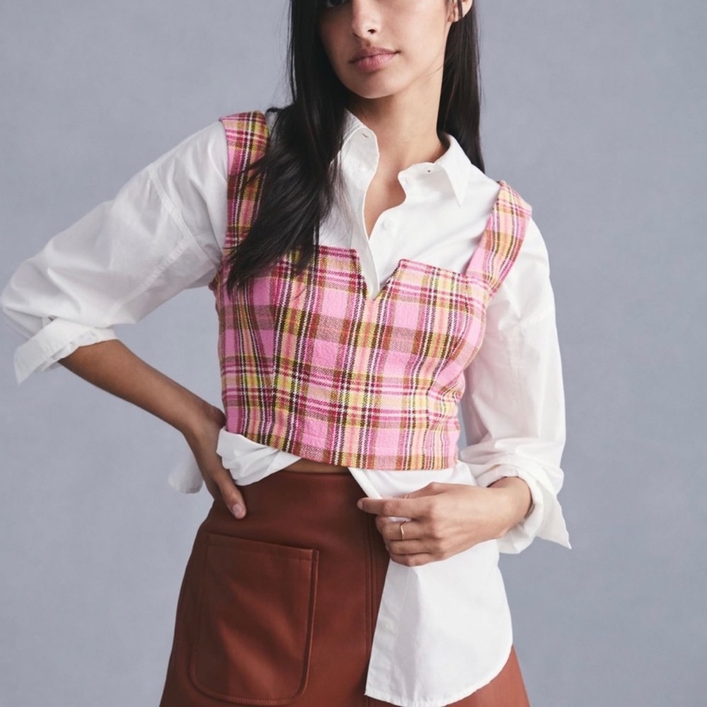 Anthropologie Maeve Pink Combo Plaid Corset Top NWT